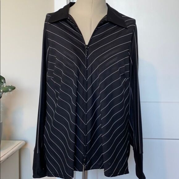 Lane Bryant Collared Zip-Up Chevron Long Sleeve Layering Blouse Black 14/16 EUC - Picture 3 of 15
